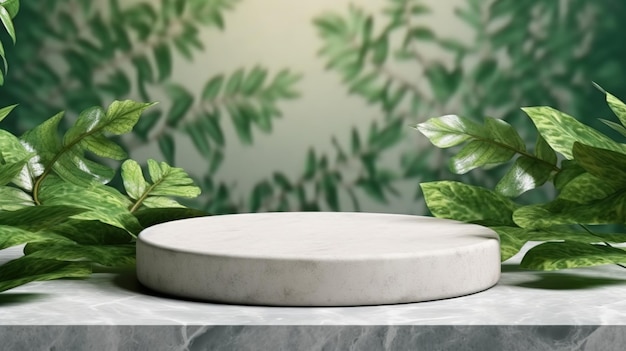 A white round plate sits on a marble table with green leaves behind it.