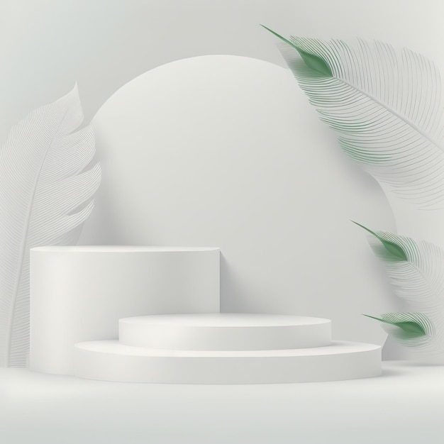 White round podium for displaying goods on a white background with white and green leaves 3d illustration