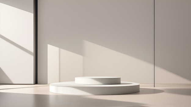 A white round podium in a empty room with a window and light coming through the window.