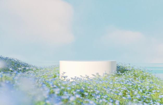 White round podium in a field of flowers with a blue sky in the background