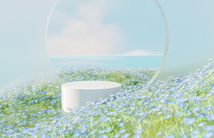 Photo 青い空を背景に花畑にある白い円形の表彰台