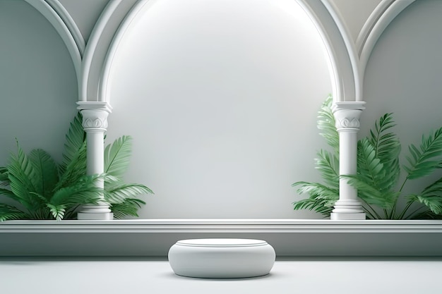 A white round podium with a plant in it and a white vase with a green plant in it