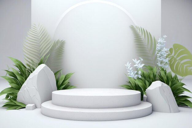 A white round podium with a white stone in the center.