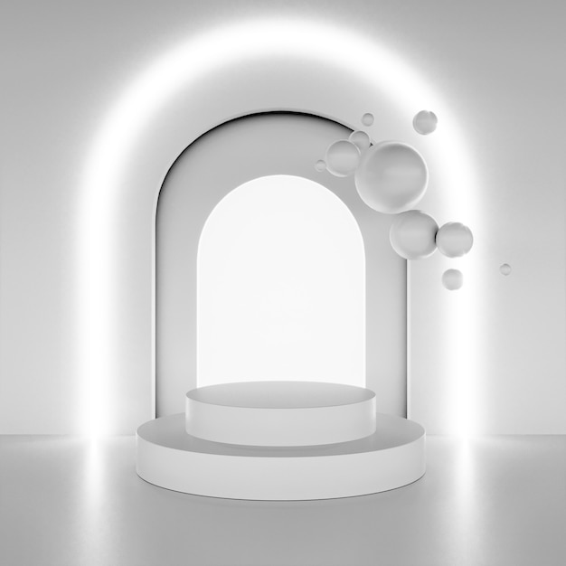 White round podiums against the backdrop of arches. Luminous arch. Flying balloons. 3D render