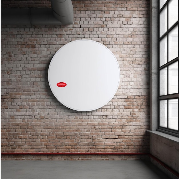 White round signboard on brick wall in room with windows Mock up 3D Rendering