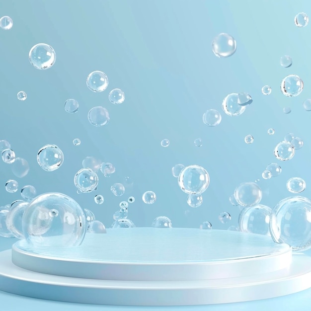 白い丸いステージの基盤または水中の空気泡のポディウム 水滴のガラスのボールまたはソア