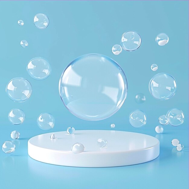 White round stage pedestal or podium with underwater air bubbles Water drops glass balls or soa