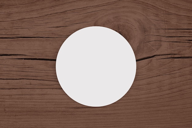 White Round Sticker Mockup on Brown Wood Background