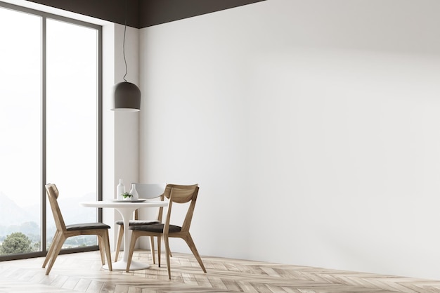 white round table standing in a cafe corner with gray and wooden chairs near it and a panoramic window in the background. 3d rendering mock up