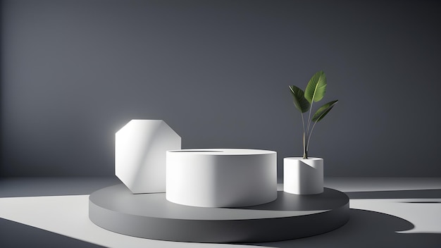 A white round table with a plant on it and a white box on the right.