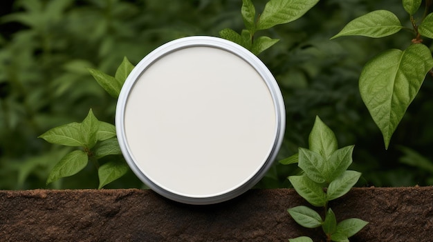 a white round template mockup designed for presenting natural organic cosmetic products The mockup is set against a lush ecofriendly forest backdrop adorned with fresh leaves