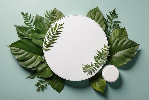 Foto modello di podio rotondo bianco per la presentazione di prodotti cosmetici organici naturali concetto di annuncio su verde eco foresta foglie fresche natura piana sullo sfondo piana trendy minimalista piana modellazione