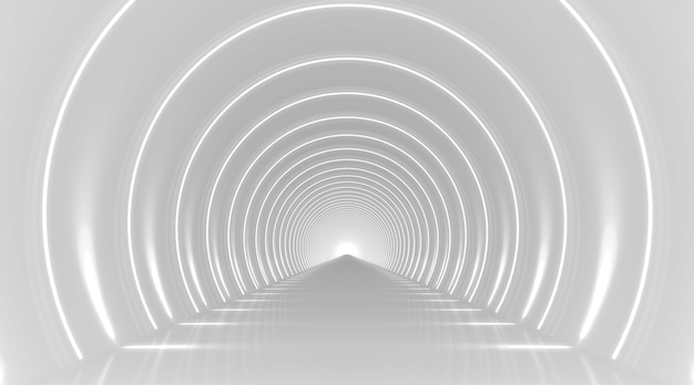 White round tunnel podium abstract background. Light reflection stage. 3d render.