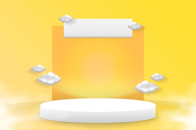 Photo a white rounded podium with yellow background and clouds in it