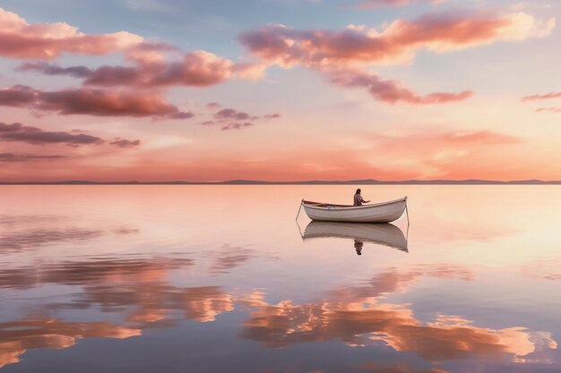 White Row Boat on Body of Water zonsondergang in de rug rose gold sky AI generatief