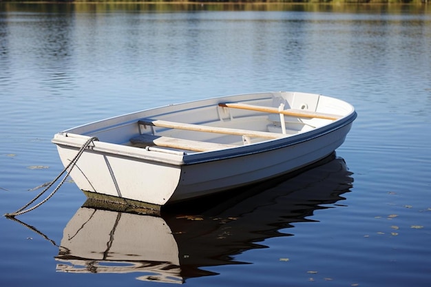 a white row boat with a wooden oar on the front is sitting on a lake.