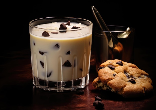 A White Russian cocktail paired with a freshly baked chocolate chip cookie