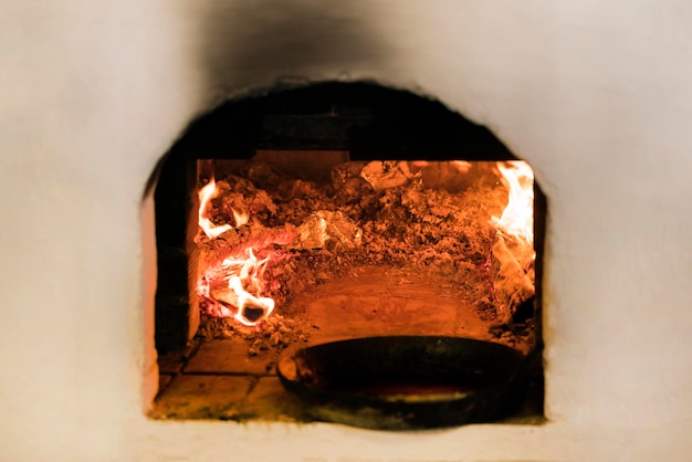 White Russian stove with flames background