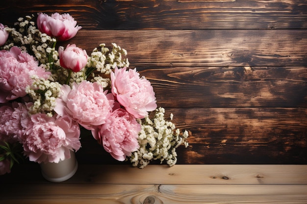 White rustic wood table adorned with a flatlay of pink Peonies and Babys Breath