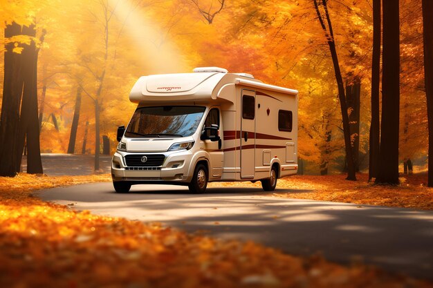 a white rv is driving down a road with autumn leaves