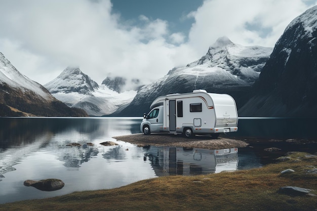 a white rv stands on the lake with mountains behind it