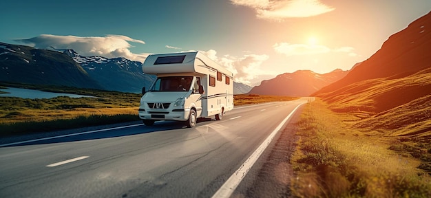 a white RV traveling on a sunlit road during a beautiful summer day