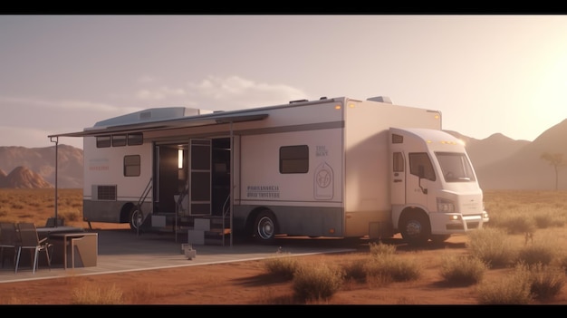 A white rv with the word " the word " on the side. "