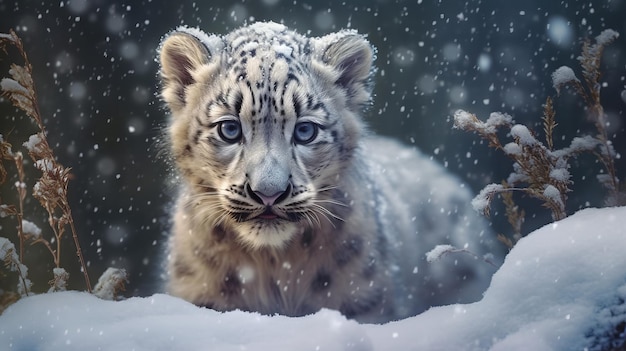 White sabertoothed tiger cub in the snow