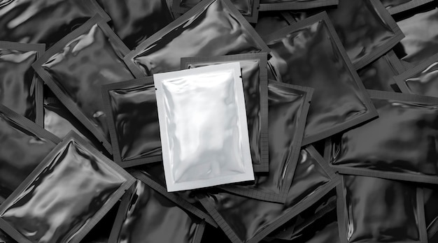 White sachet packet on black big stack mockup. Sugar and pepper wrapper heap mock up.