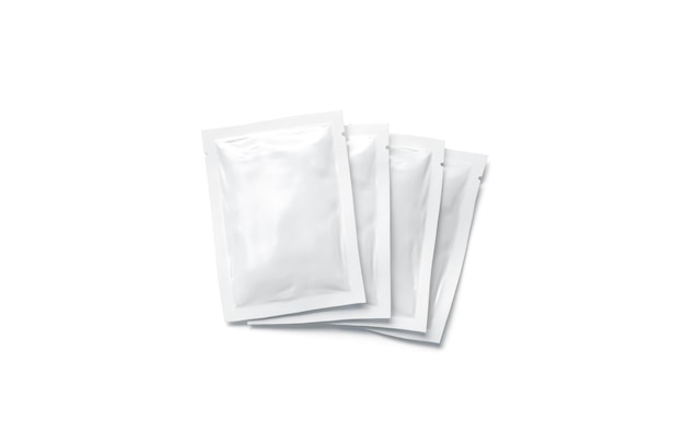 Photo white sachet packets stack mockup airtight pack mockup sealed bag with shampoo cosmetic cream