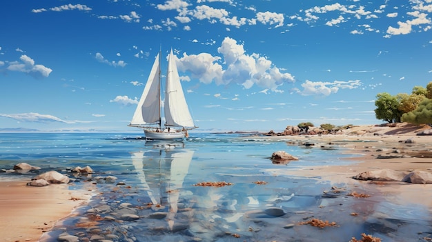 Foto barca a vela bianca che galleggia in acque blu sotto un cielo blu chiaro nello stile del panorama