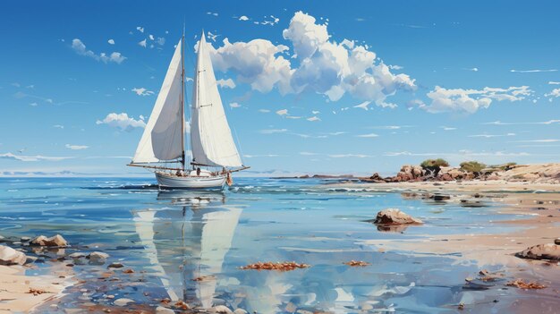 Photo white sailboat floating in blue waters under clear blue sky in the style of panorama