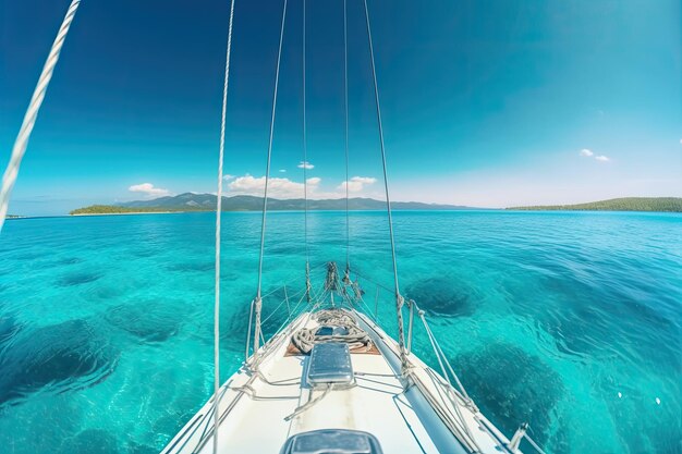 White sailboat sailing around some paradisiacal islands View from the deck to the bow mast sails Ai generative