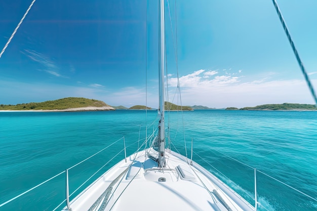 White sailboat sailing around some paradisiacal islands View from the deck to the bow mast sails Ai generative