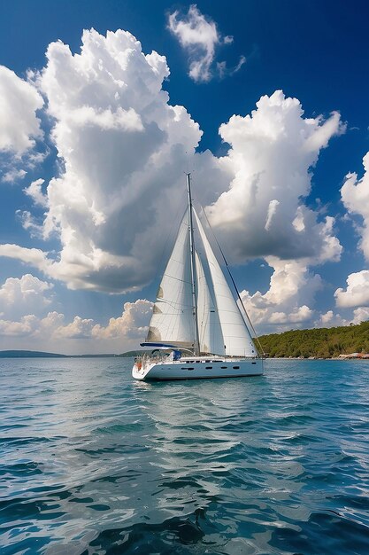 The white sails of yachts on the background of sea and sky in the clouds