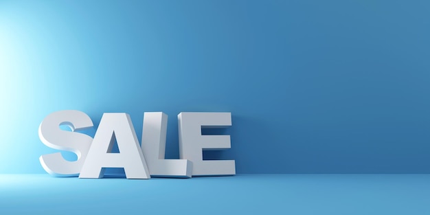 White Sale Sign Text near the wall on blue studio background. Big Discount and Sale Concept