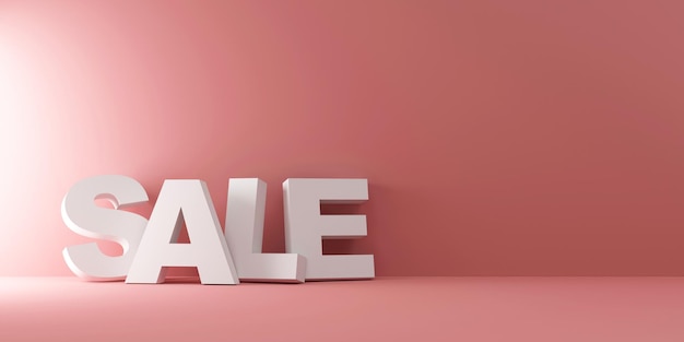 White Sale Sign Text near the wall on pink studio background. Big Discount and Sale Concept