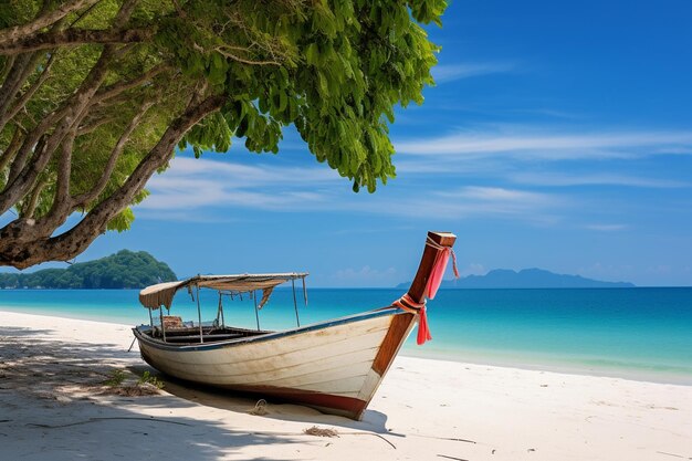 White sand beach and longtail boat at khang khao island bat island the beautiful sea ranong prov