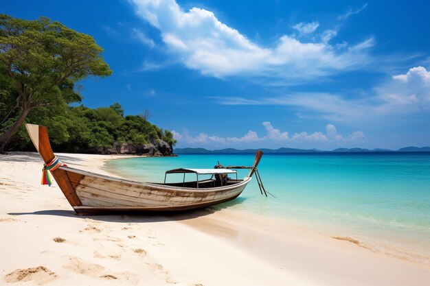 Photo white sand beach and longtail boat at khang khao island bat island the beautiful sea ranong prov