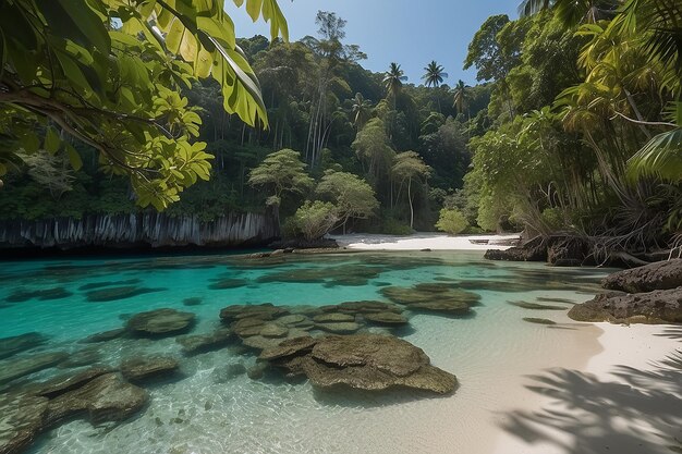 Photo white sandy beach turquoise transparent water and lush green jungle in the remote togean or togian islands