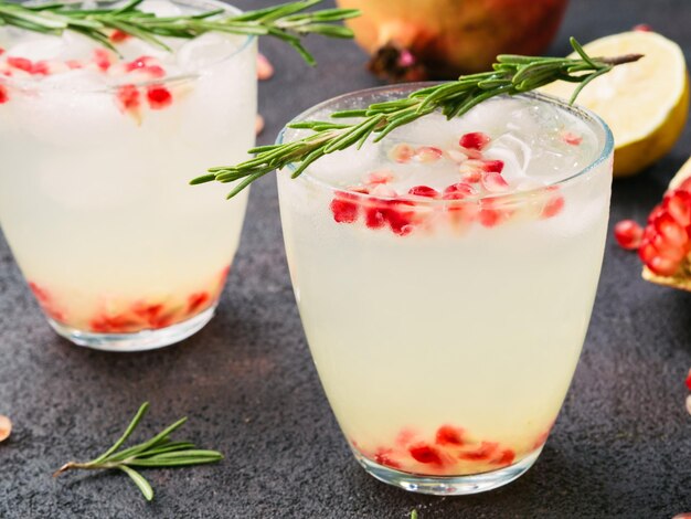 White sangria with rosemary pomegrante and lemon juice