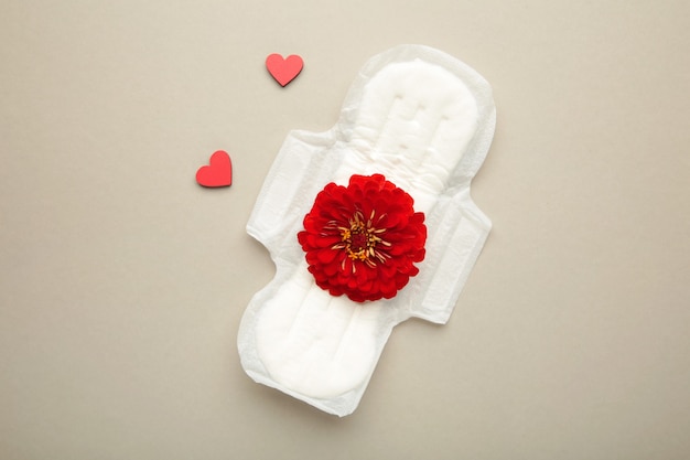 Белая прокладка, гигиеническая защита на сером фоне. Гинекологический менструальный цикл. Цветок розы лежит на менструальных подушечках. Первая менструация. Вертикальное фото