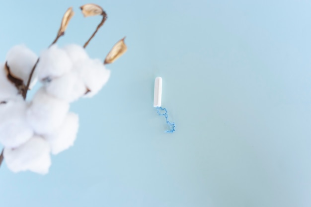 A white sanitary tampon lie on a blue background and a branch of cotton next to it. Menstruation days. Hygiene and body care concept