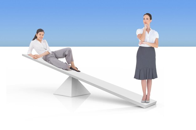 Photo white scales weighing businesswomen against white and blue background