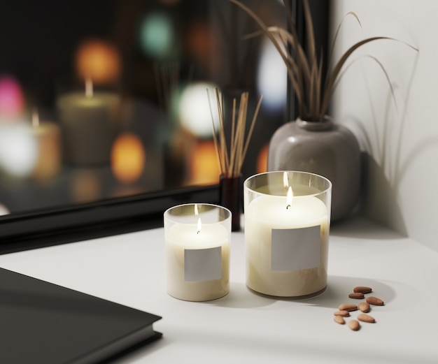 White scented candle in glass with blank  with aroma reed diffuser and vase with blured night city lights table, home aromatic candles, aromatherapy, 3d rendering