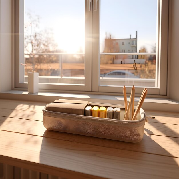 макет белого школьного пенала на деревянном столе рядом с открытым окном
