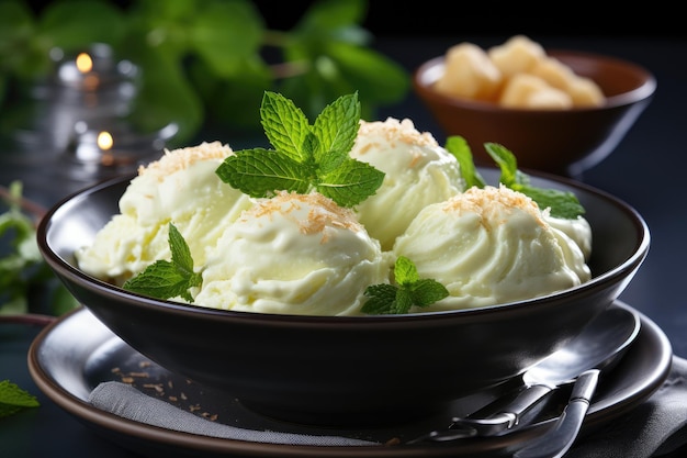 Photo white scoops of ice cream in a clay pot pistachio ice cream with mint leaf a portion of ice cream in a plate on a wooden table the restaurant serves ice cream