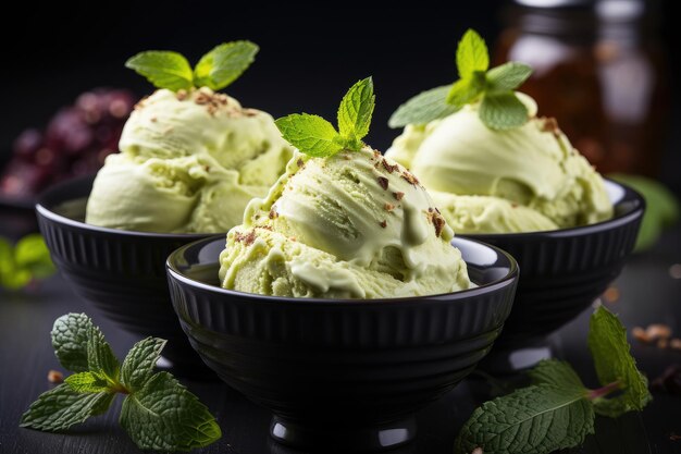 Photo white scoops of ice cream in a clay pot pistachio ice cream with mint leaf a portion of ice cream in a plate on a wooden table the restaurant serves ice cream