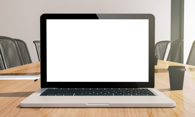 Photo white screen laptop on conference room mockup