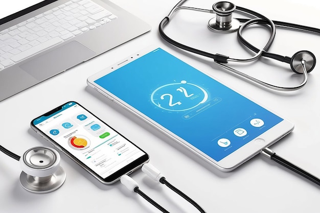 Белый экран смартфона с стетоскопом, термометром и планшетом концепция встречи с врачом онлайн аптека макет 3D рендеринга